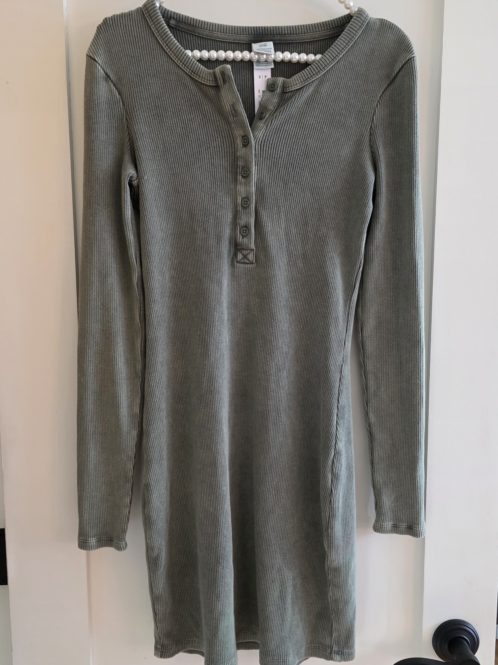 PINK Victoria's Secret Olive Green Ribbed Long-Sleeve Henley Dress